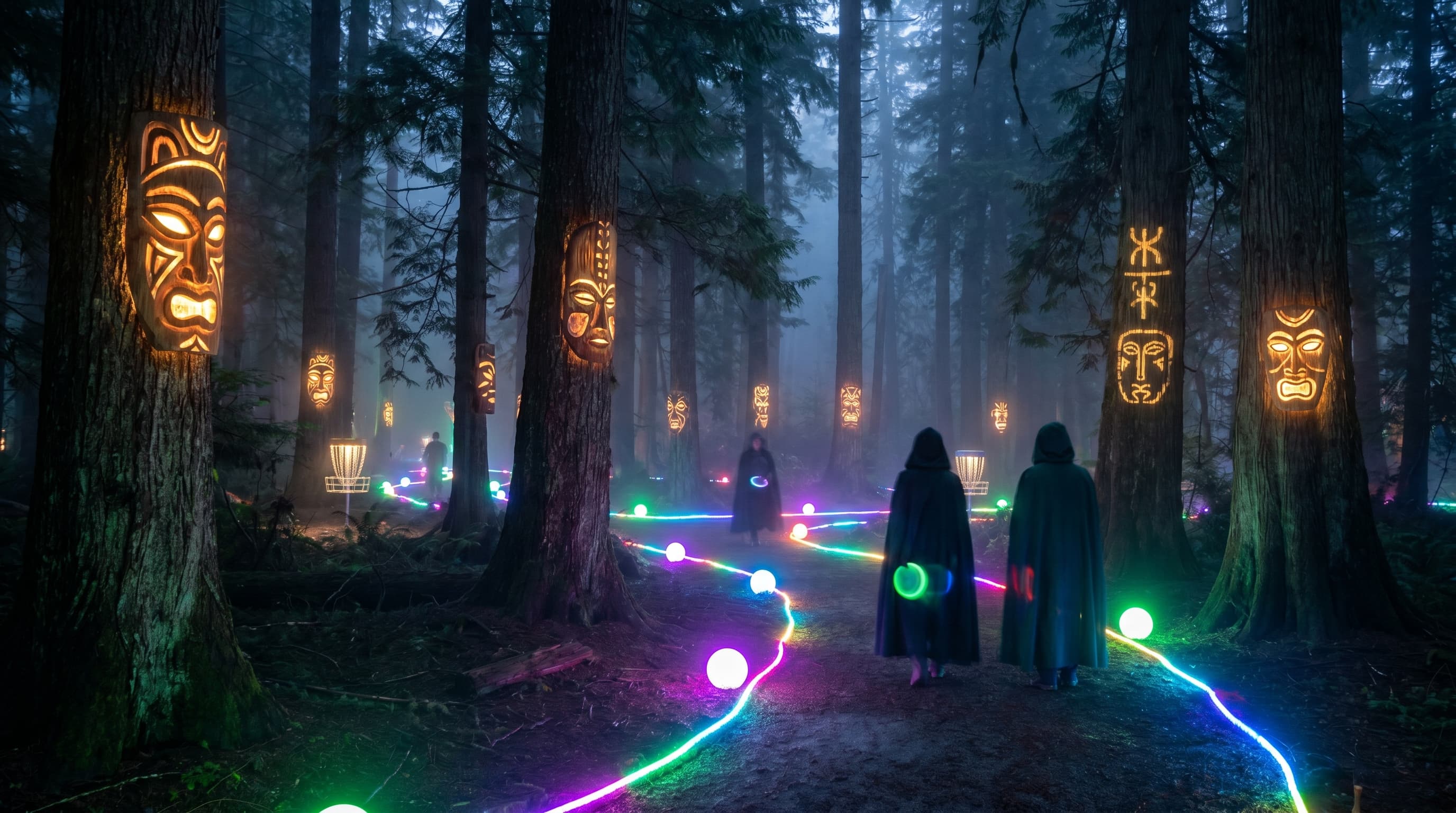 Forest art walk at night with glowing totems