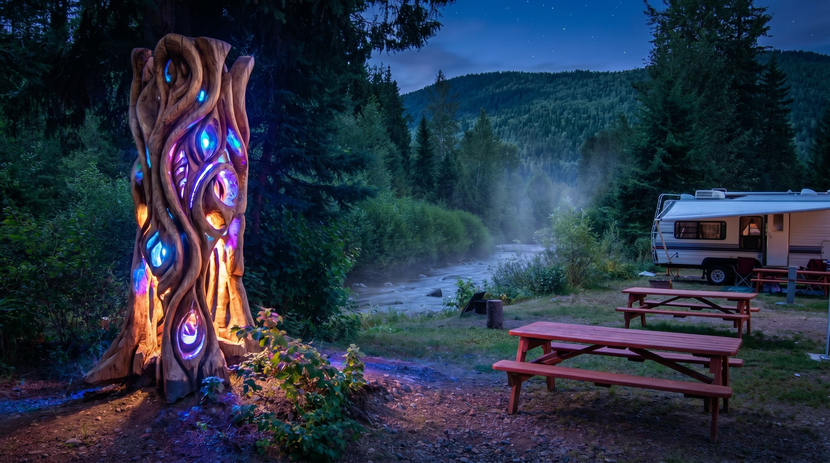 A lit sculpture beside picnic tables at Wells Gray Golf & RV Resort