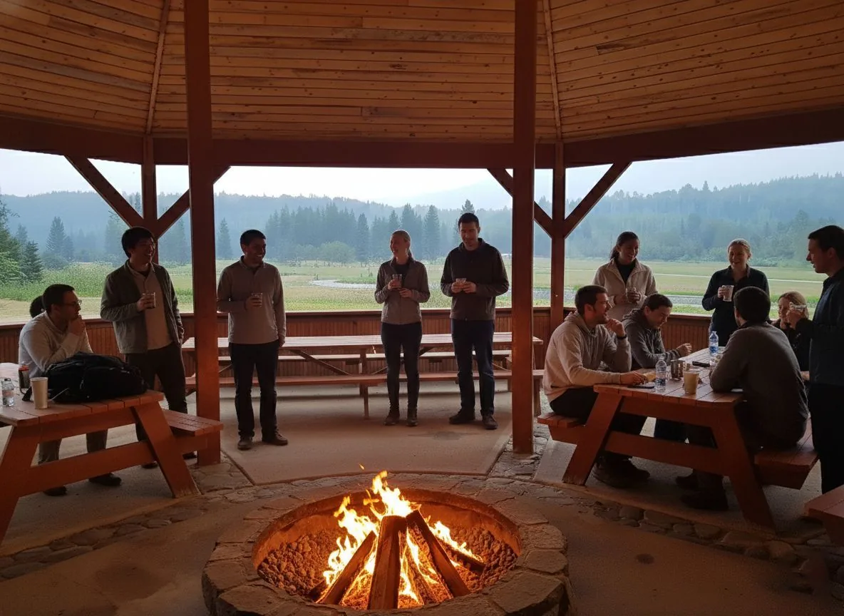 campfire in the gazebo at dusk