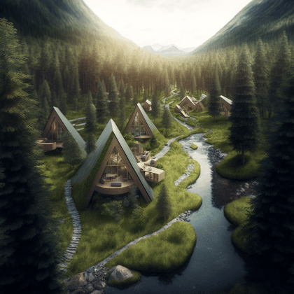 FutureMike_high_angle_of_a_green_eco_village_with_a-frame_cabin_7c61bd09-871d-4969-b439-f983d6e0e2a9